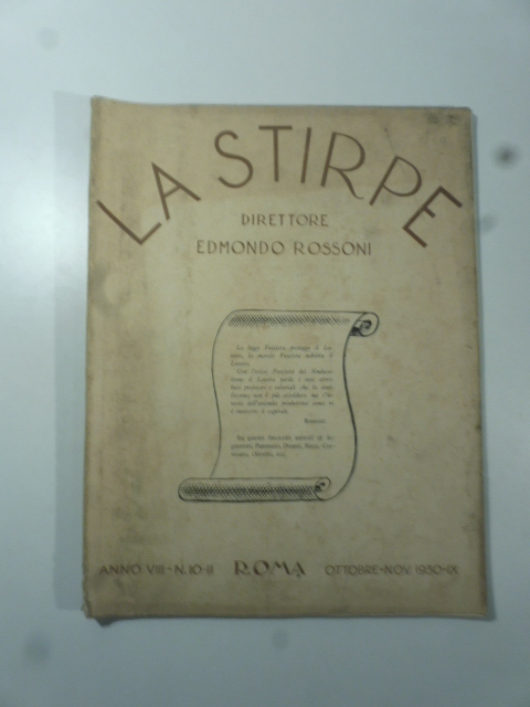 La stirpe. Direttore Edmondo Rossoni, n. 10-11, ott.-nov. 1930